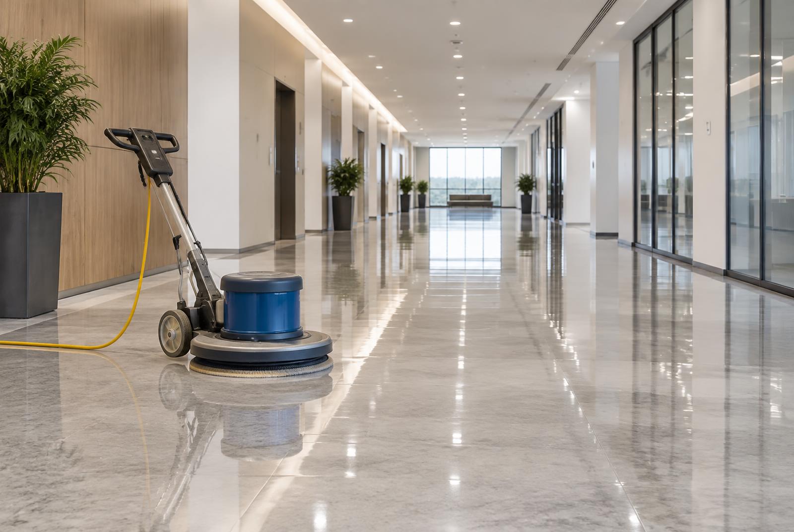 Polished floors in a commercial building corridor during floor care